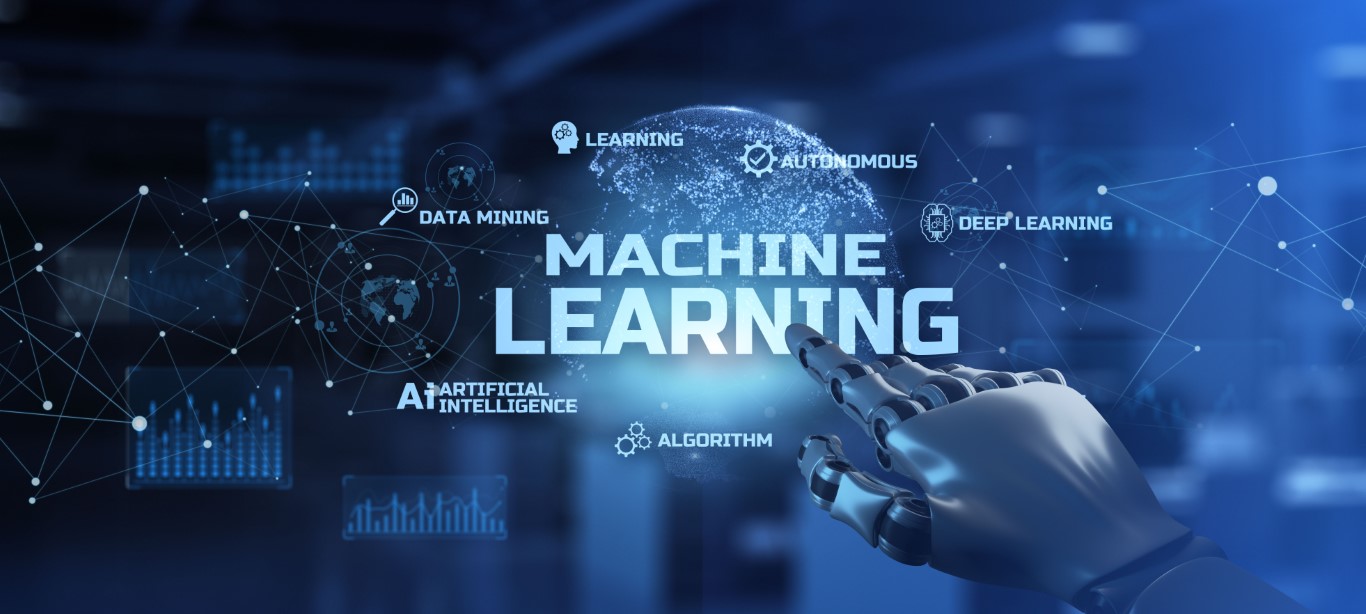 Machine learning AI Artificial intelligence technology concept. Robot hand pressing button on screen 3d render.